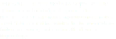 Somos un centro de Medicina Deportiva que rehacemos historias deportivas. Llevamos a cabo la reintegración deportiva con entrenadores especializados y un equipo multidisciplinario, conformado por Médicos del deporte, Fisioterapeutas, Nutriólogos y Neurofisiólogos.